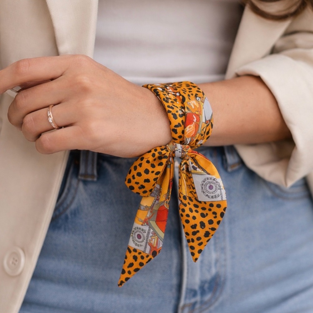 ORANGE LEOPARD CHEETAH PRINT SKINNY SCARF BAG HANDLE WRAP TIE PURSE HAIR RIBBON - Picture 5 of 11